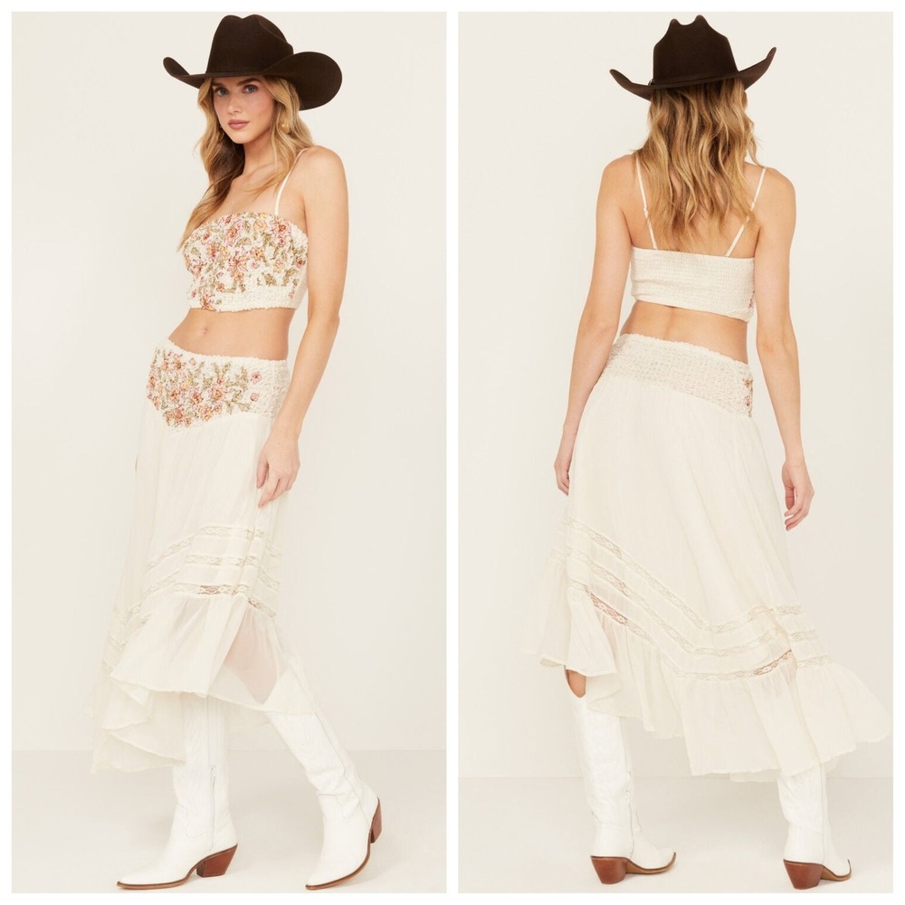 NEW Free People Augusta asymmetric hem embroidered midi skirt Size XS western